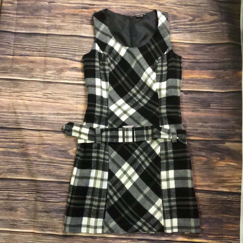 062 BODYFLIRT Black & White Plaid DropWaist Belted Jumper Dress Size 38 (US 10)